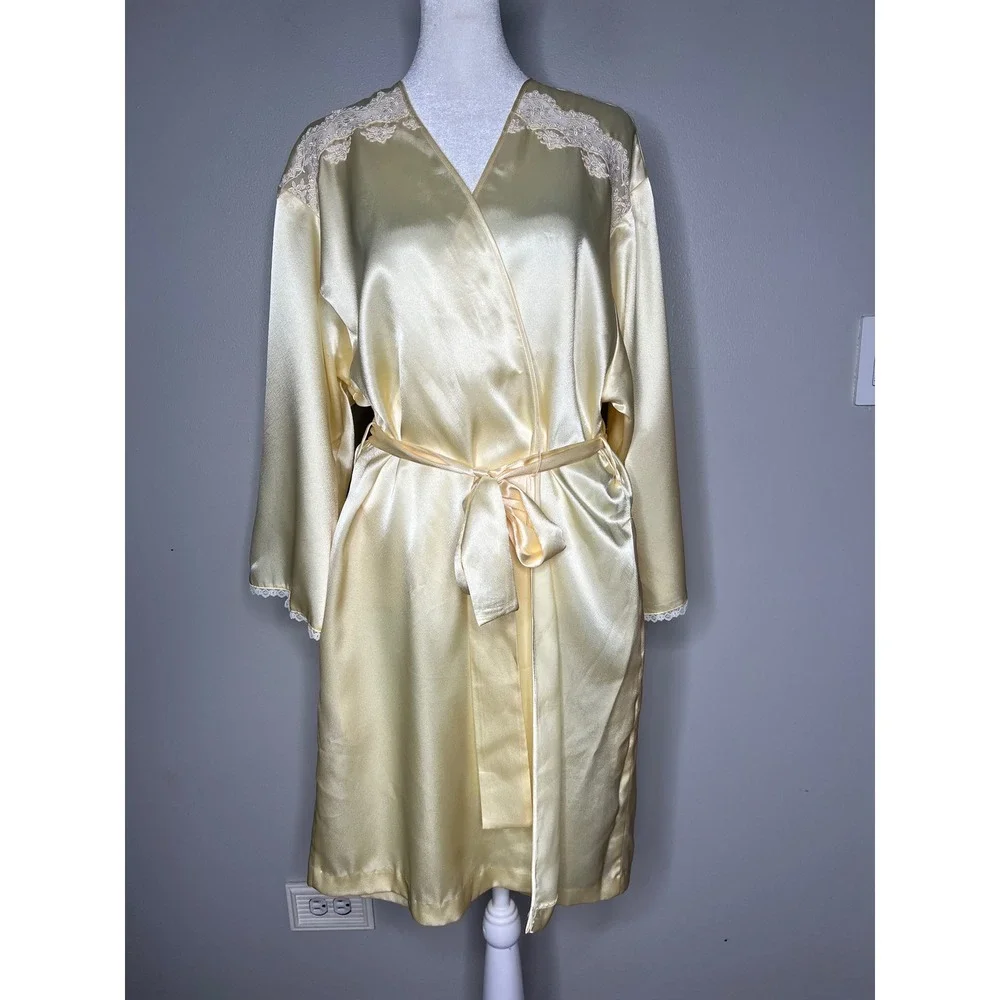 Oscar de la Renta Pink Label Butter Yellow Satin Lace Trim Wrap Robe Women's M